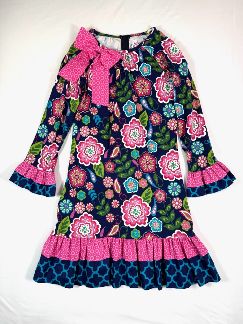 JUMPING FENCES Girls 14 Floral Dress Bow Neck Ruffle‎ Hem Long Sleeve Multicolor